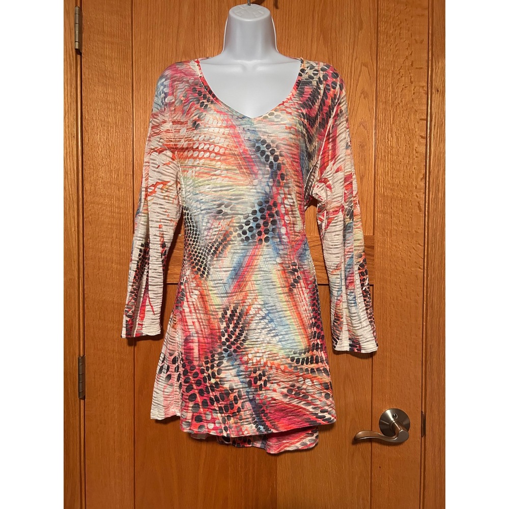 Katina Marie Womens Abstract Print Textured V-Neck Tunic Top Large Multi-Color
